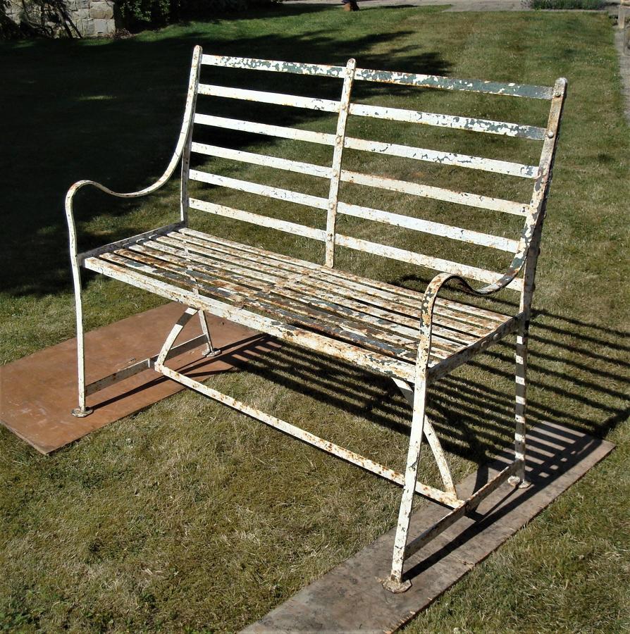 Regency wrought iron, slatted garden seat
