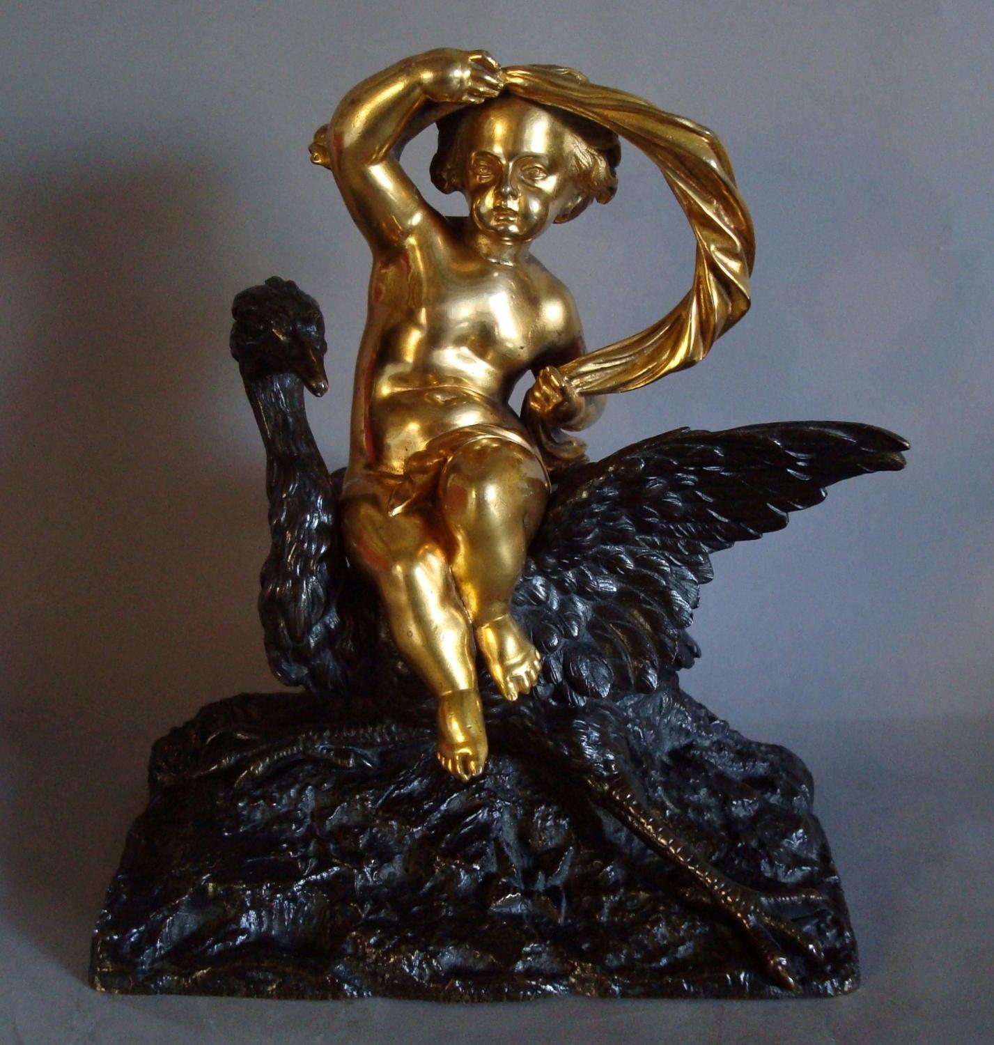 C19th bronze cherub and heron