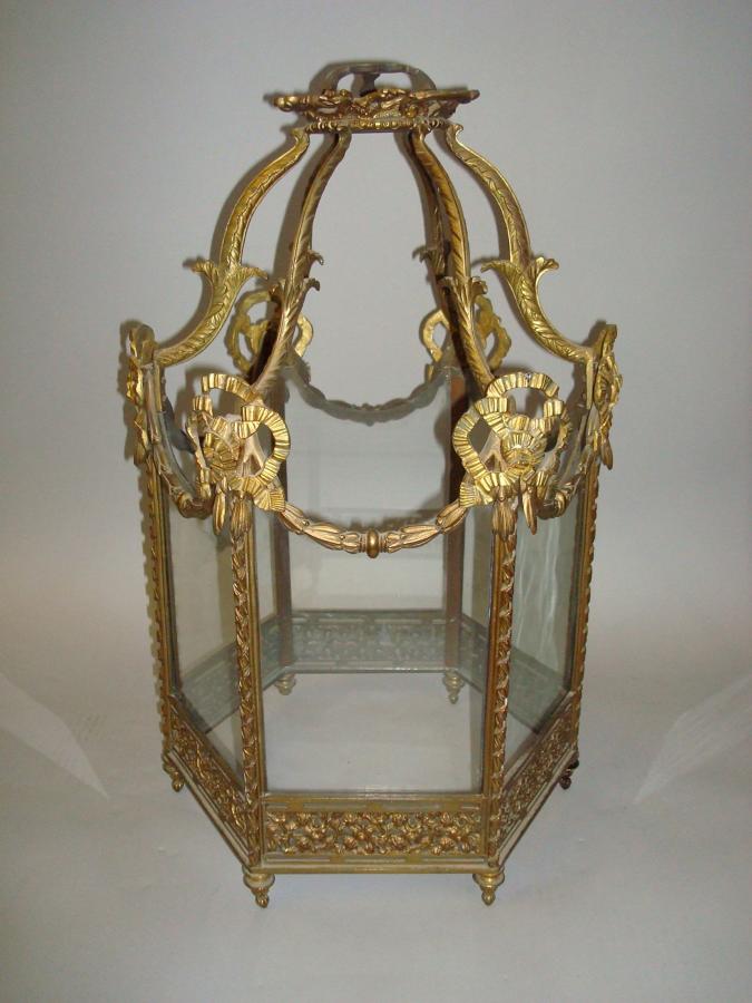 C19th gilt brass hexagonal hanging lantern