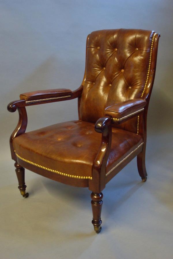 Regency mahogany and leather library open armchair