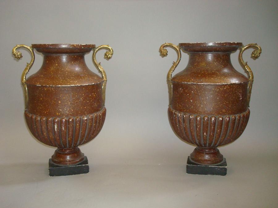C19th unusual pair of faux porphrey flat back urns