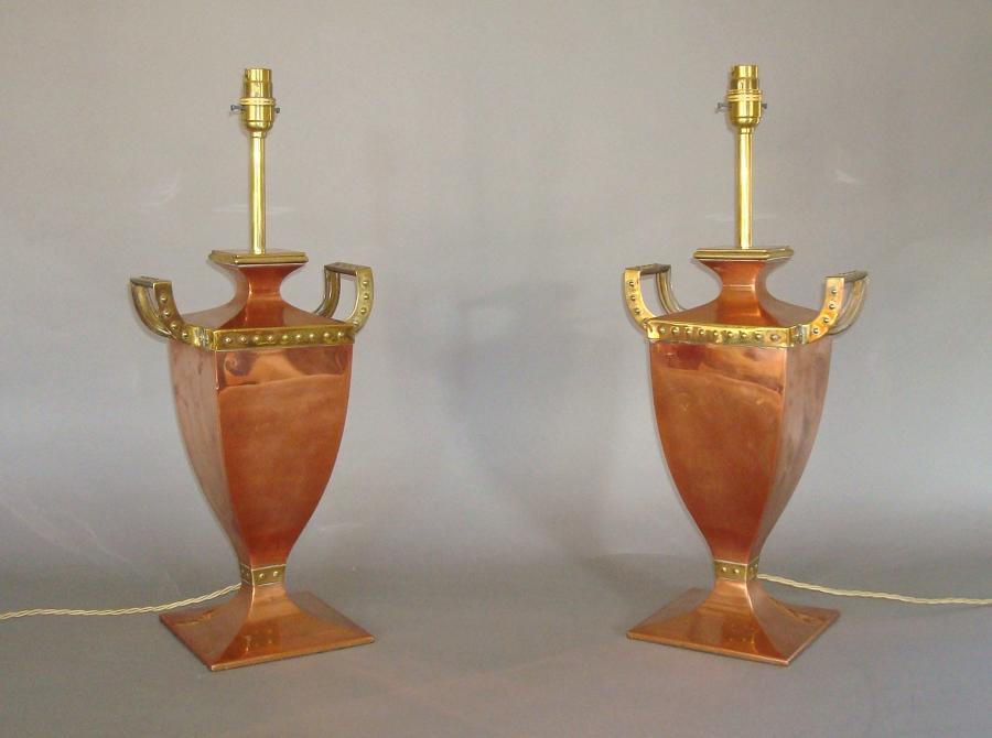 20th century pair of copper and brass lamps