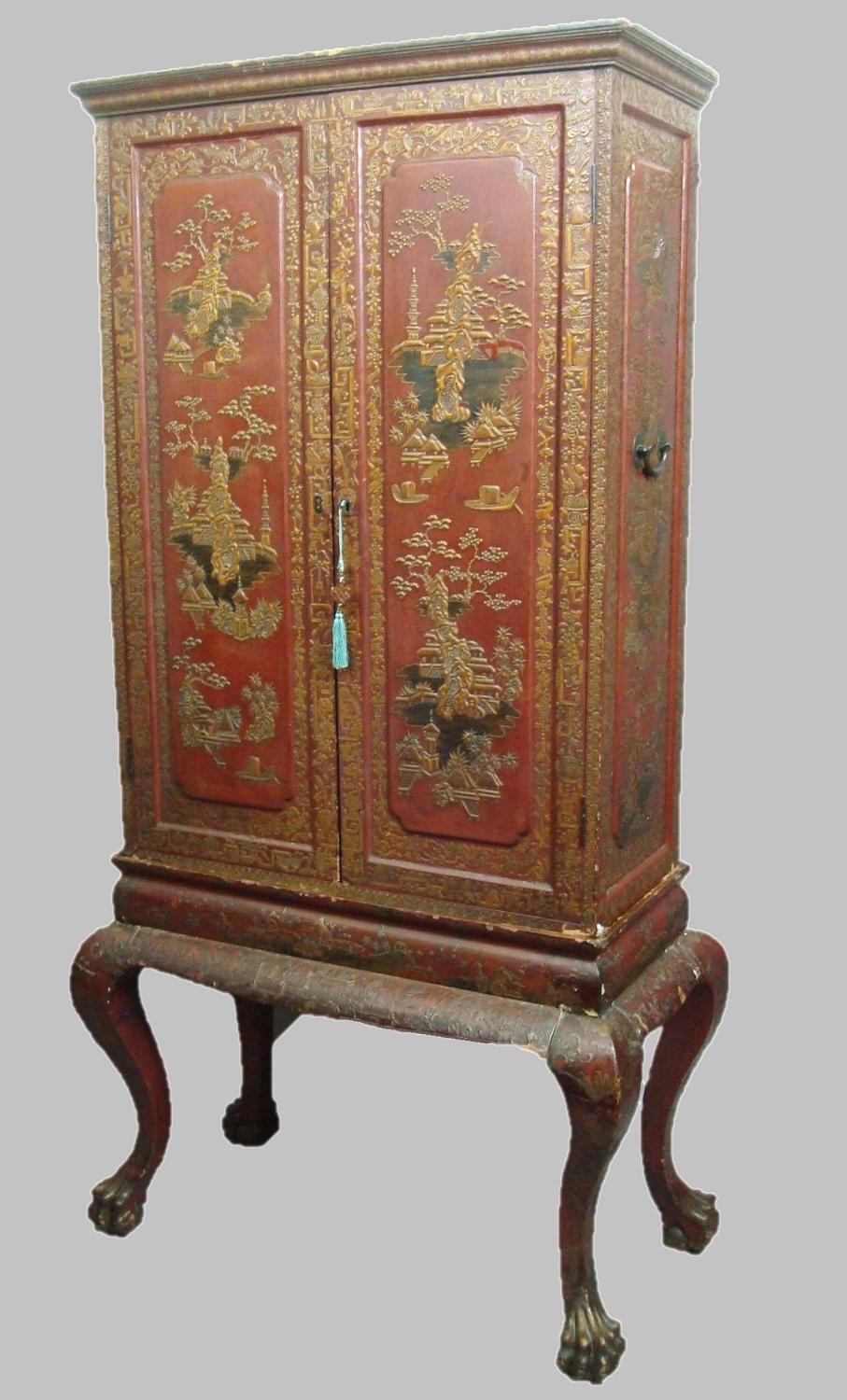 C18th Chinese red lacquer cabinet on stand