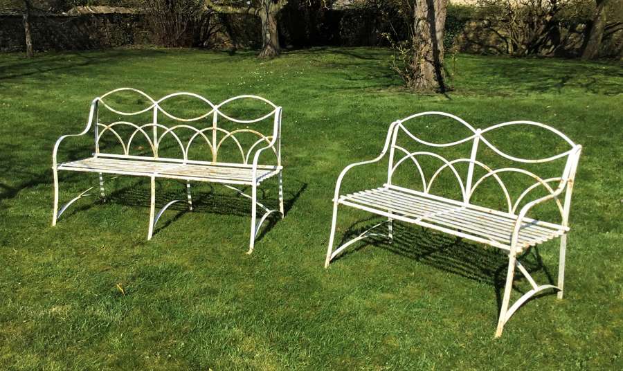 Early C20th pair of 2 & 3 seater wrought iron garden seats / benches