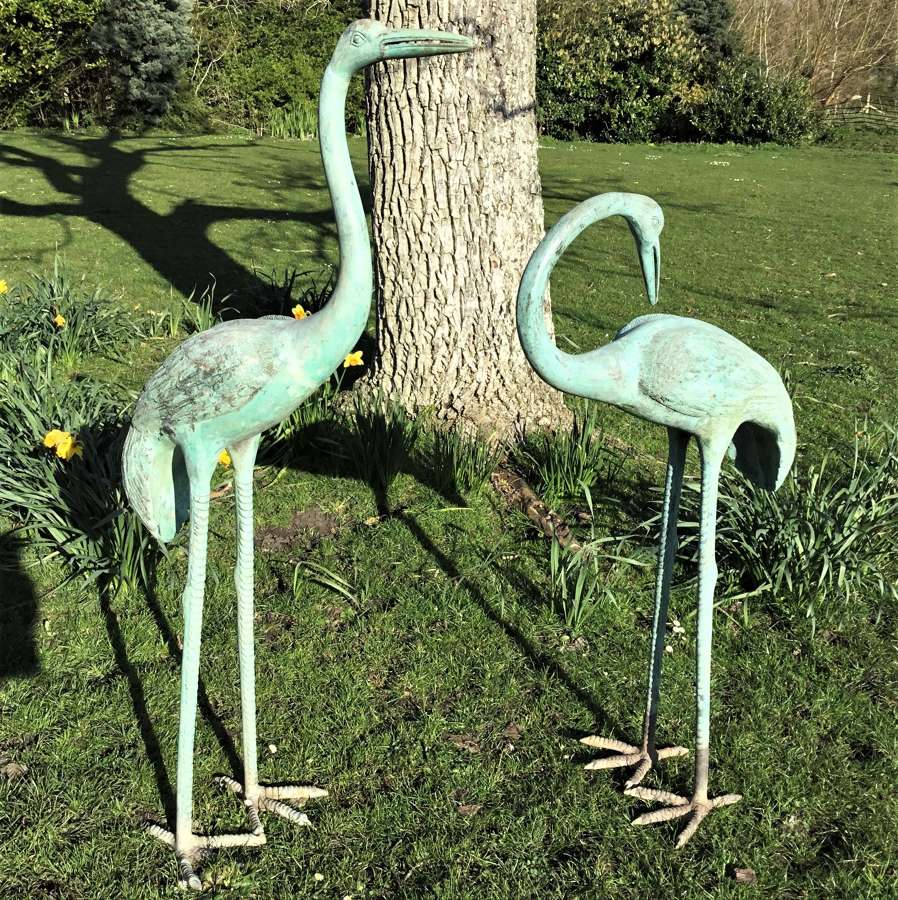 Early C20th large pair of Japanese bronze life size cranes