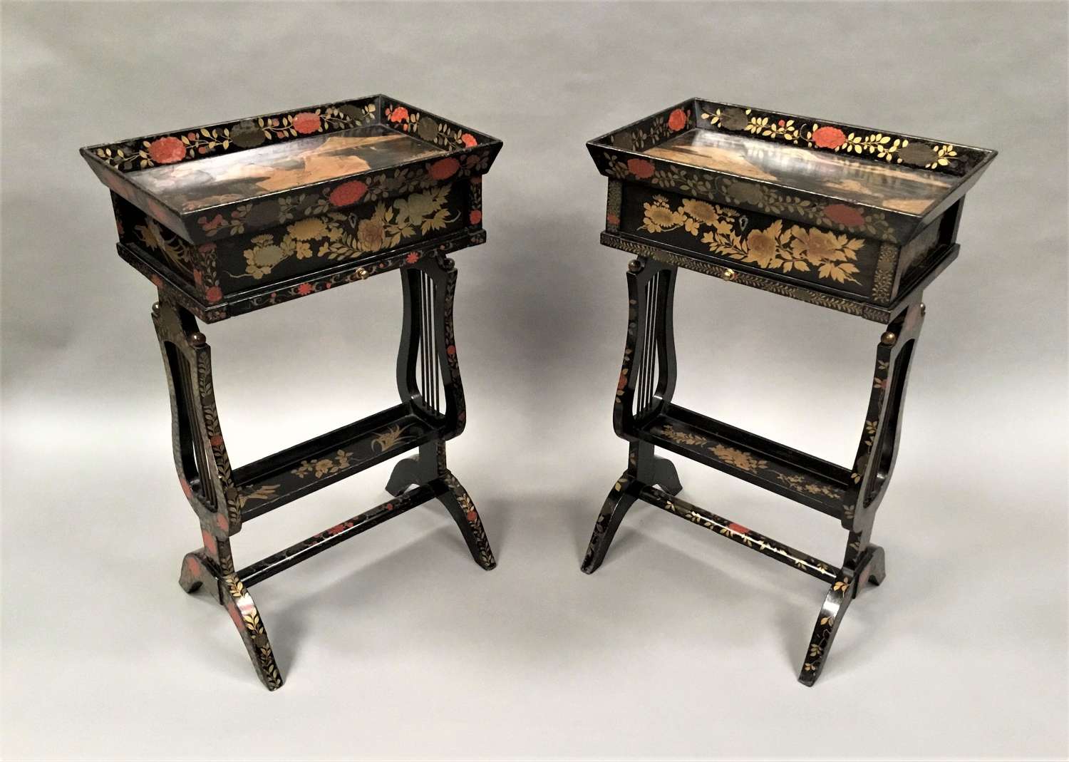 C19th pair of Chinese export lacquered occasional / work tables