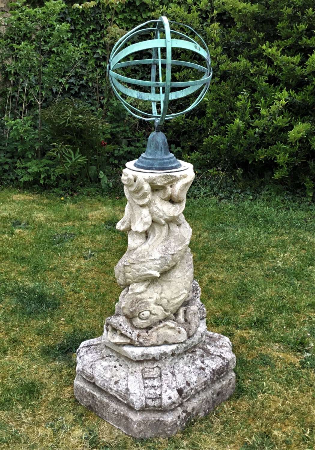 C18th carved limestone pedestal fountain with armillary sundial
