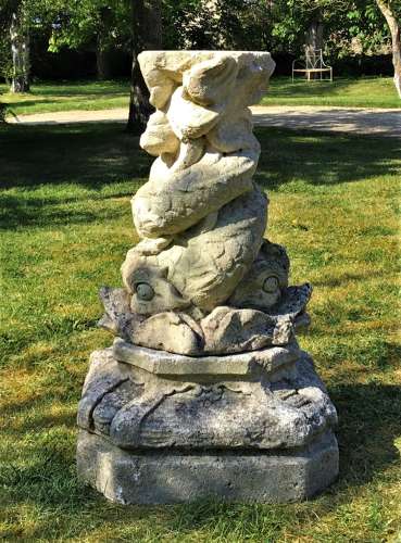 C18th carved limestone pedestal fountain with armillary sundial
