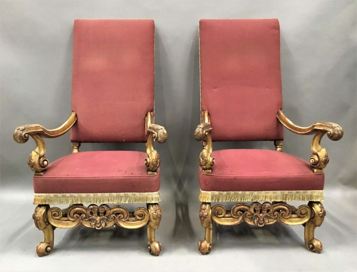 C19th pair of carved giltwood open armchairs / throne chairs