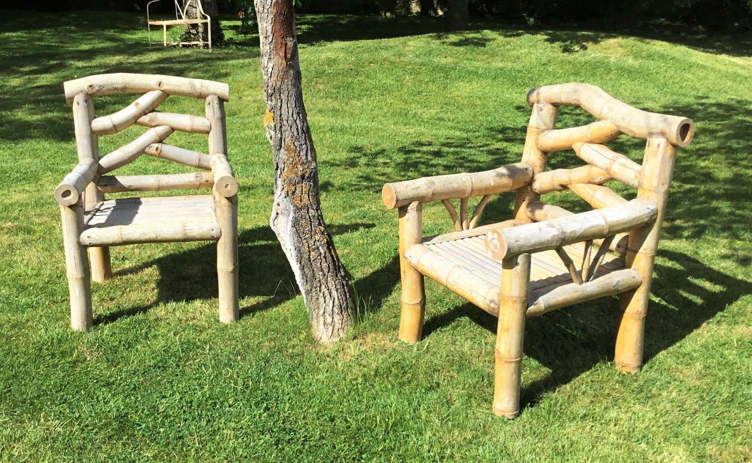 C20th bamboo pair of garden armchairs / conservatory chairs