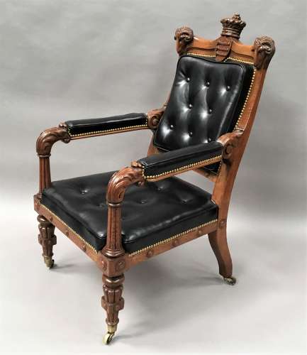 C19th pair oak and leather library chairs