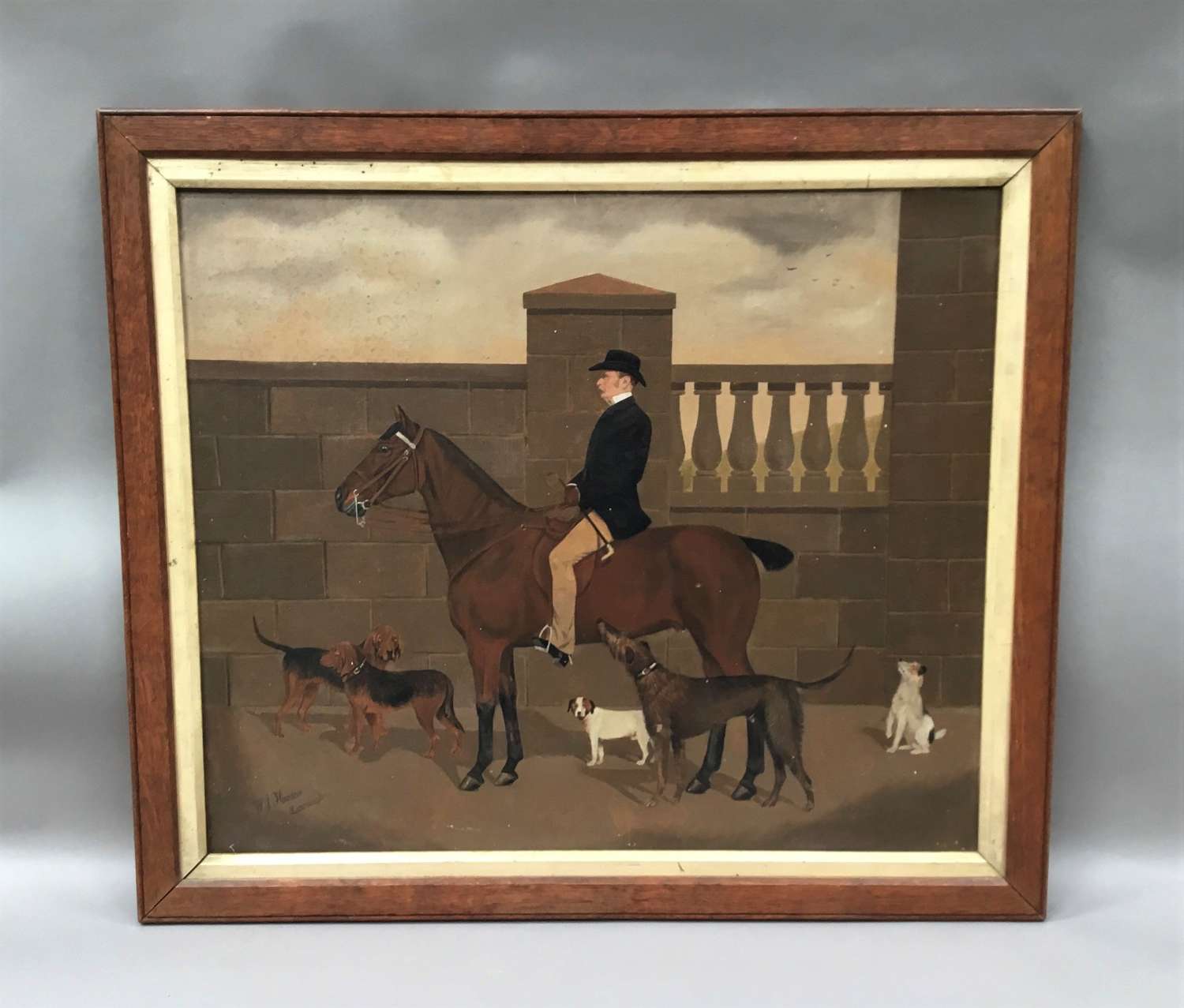 C19th oil painting of a horse and dogs by W J Howden