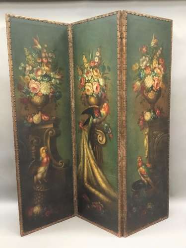 C19th painted leather three fold screen;