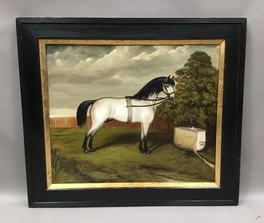 Large C19th naive oil painting of a stallion / horse