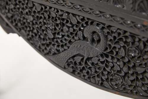 Extraordinary C19th pair of Indian carved hardwood chairs / hall seats