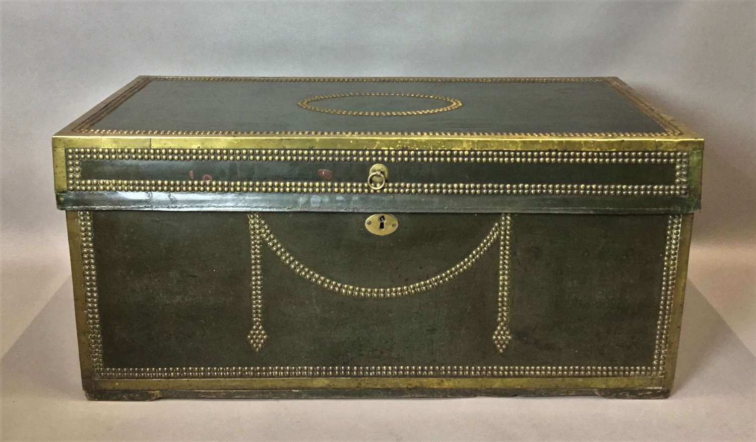 C19th large leather and brass camphor trunk