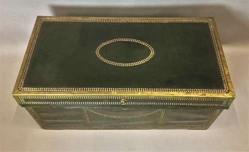 C19th large leather and brass camphor trunk