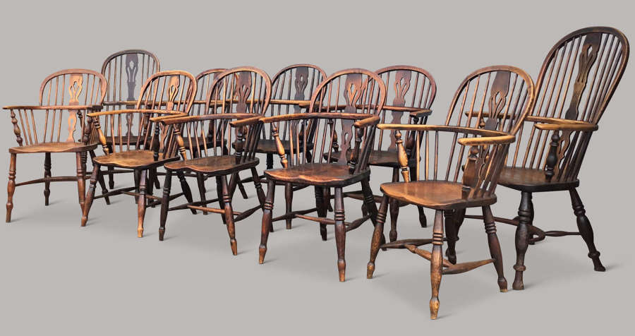 Good C19th ash and elm matched set of 10 Windsor armchairs