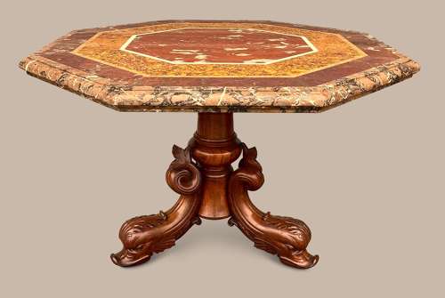 Magnificent C19th large walnut and specimen marble centre table