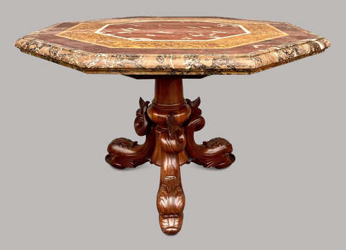 Magnificent C19th large walnut and specimen marble centre table