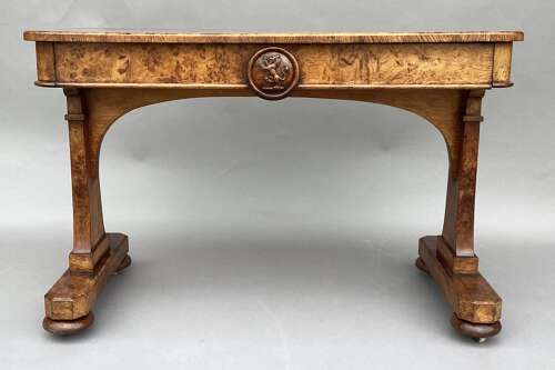 Good mid C19th burr and pollard oak centre table; James Winter & Sons, London