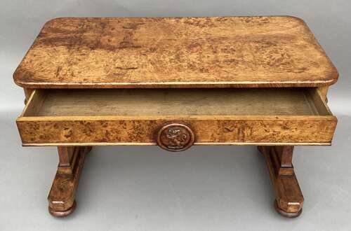 Good mid C19th burr and pollard oak centre table; James Winter & Sons, London