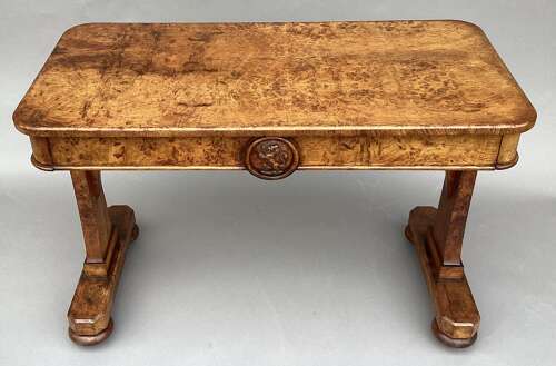 Good mid C19th burr and pollard oak centre table; James Winter & Sons, London