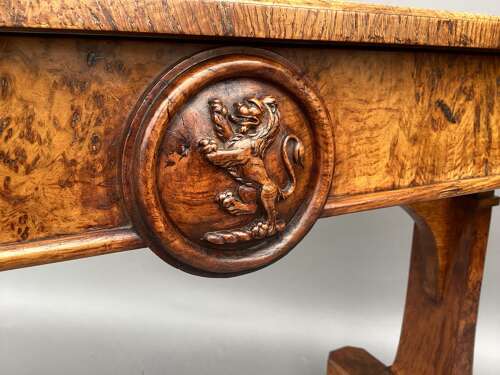Good mid C19th burr and pollard oak centre table; James Winter & Sons, London