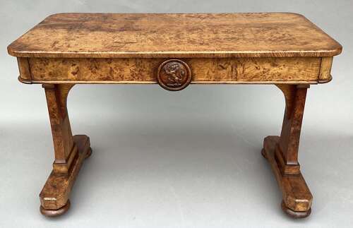 Good mid C19th burr and pollard oak centre table; James Winter & Sons, London