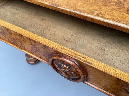Good mid C19th burr and pollard oak centre table; James Winter & Sons, London