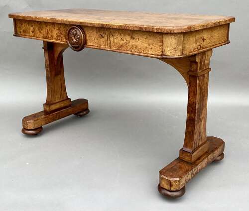 Good mid C19th burr and pollard oak centre table; James Winter & Sons, London